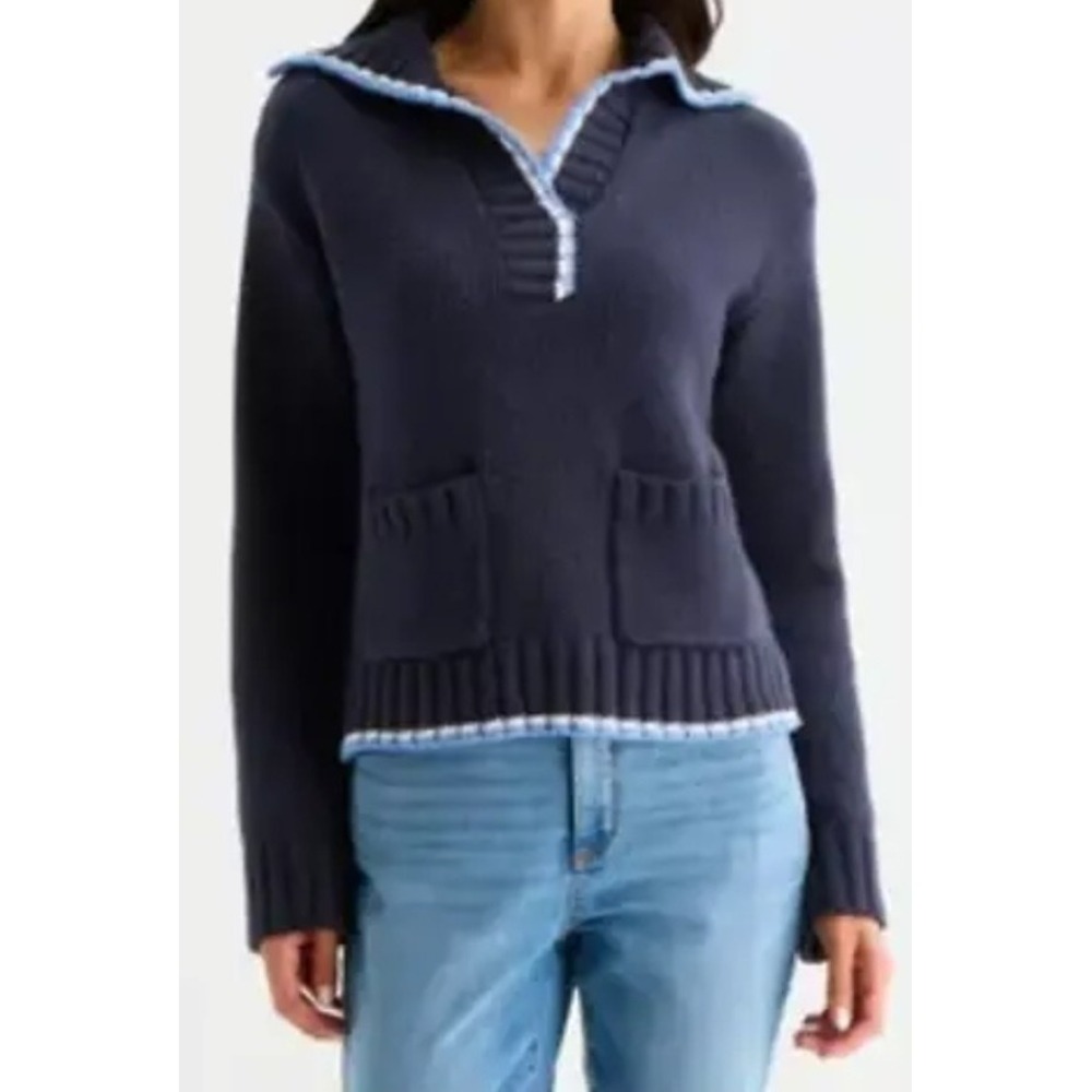Women Blue Shawl Collar Nautical Preppy Coastal Collegiate Old Money Sweater S